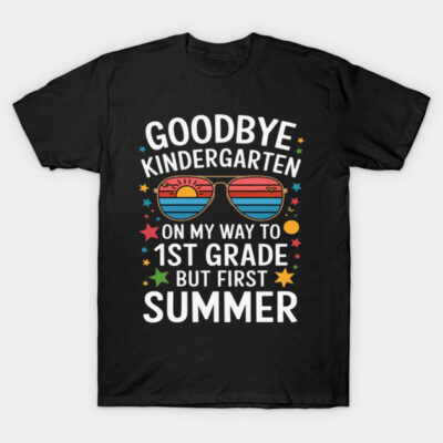 Black t-shirt with colorful "Goodbye Kindergarten, 1st Grade" summer design, featuring sunglasses and stars.