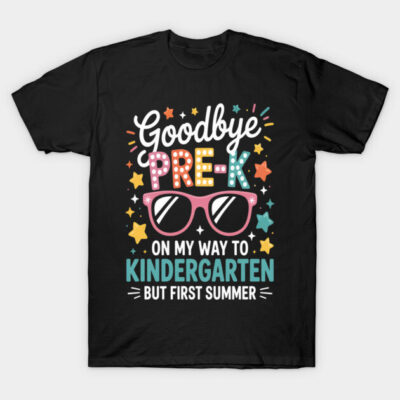 Black t-shirt with colorful "Goodbye Pre-K, on my way to Kindergarten" graphic, ideal for kids' summer wear.