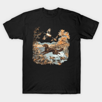 Black cotton T-shirt with vintage hunting scene print, featuring a dog and ducks in nature. Casual wear.