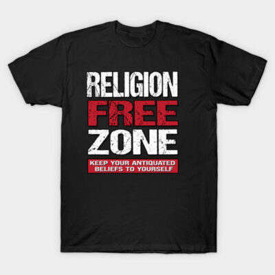 Black t-shirt with bold white and red text design, casual cotton material, statement piece for everyday wear.