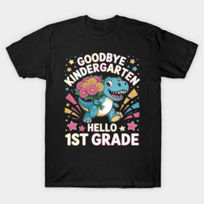 Black T-shirt with colorful dinosaur design, "Goodbye Kindergarten, Hello 1st Grade" text, perfect for school transition.