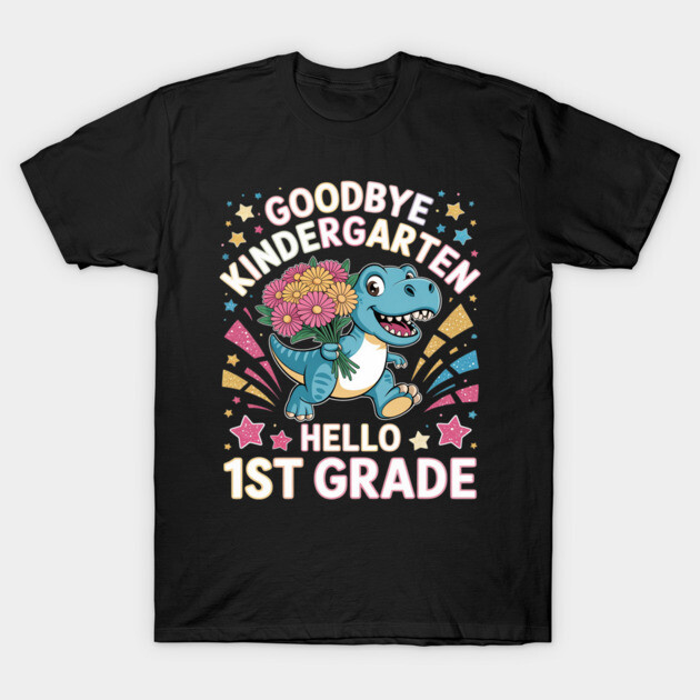 Black T-shirt with colorful dinosaur design, "Goodbye Kindergarten, Hello 1st Grade" text, perfect for school transition.