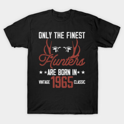 Black vintage-style t-shirt with "Only the Finest Hunters Born in 1965" text and antler graphic, perfect for hunting enthusiasts.