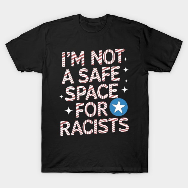 Black t-shirt with bold anti-racist message in white and red text, casual style, cotton material.