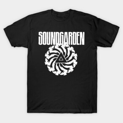 Black graphic t-shirt with bold white spiral design and text, ideal for casual wear, made from soft cotton material.