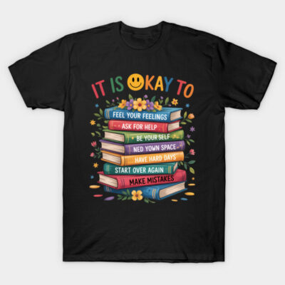 Black t-shirt with colorful motivational book stack graphic, promoting positivity and self-care.