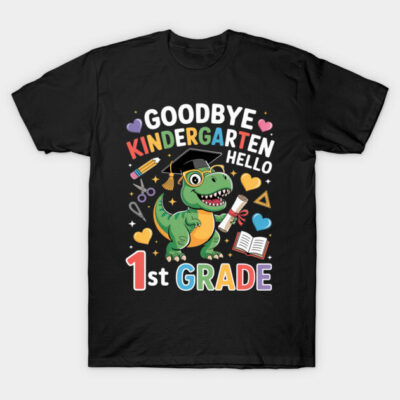 Black T-shirt with colorful dinosaur graduation design, saying "Goodbye Kindergarten, Hello 1st Grade," perfect for kids.