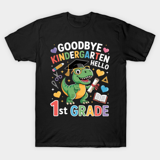 Black T-shirt with colorful dinosaur graduation design, saying "Goodbye Kindergarten, Hello 1st Grade," perfect for kids.