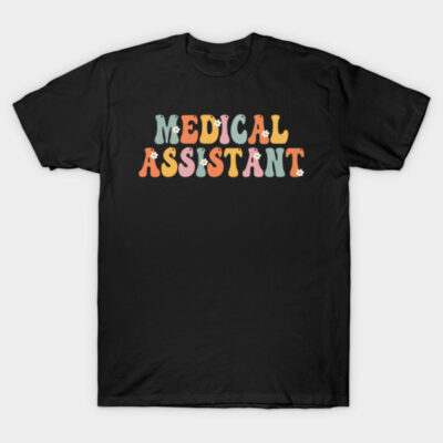 "Black t-shirt with colorful 'Medical Assistant' text, casual style, ideal for healthcare professionals, cotton material."
