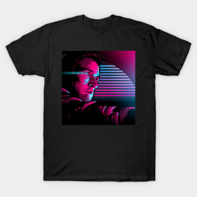 Black T-shirt with neon retro design, featuring vibrant pink and blue colors, perfect for casual wear.