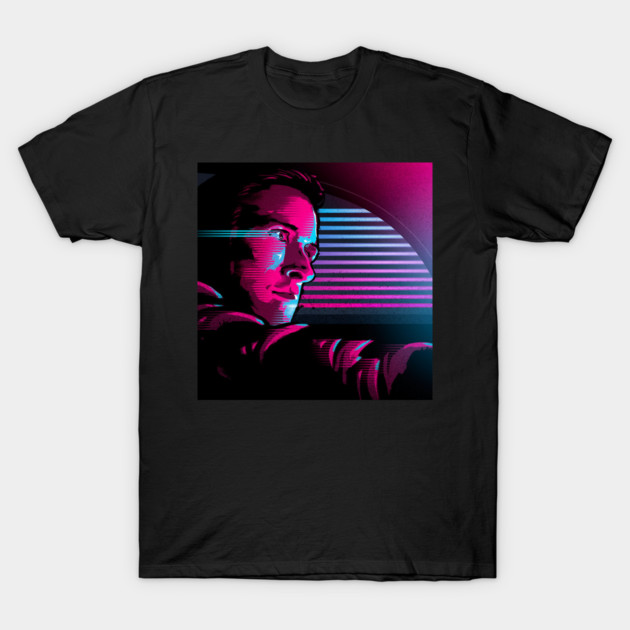 Black T-shirt with neon retro design, featuring vibrant pink and blue colors, perfect for casual wear.