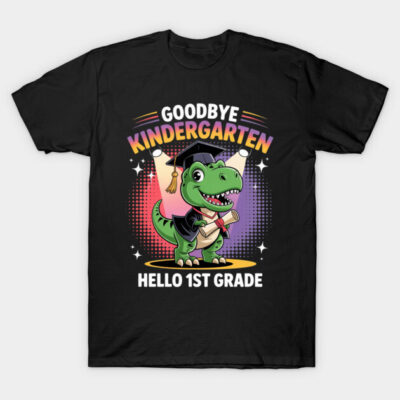 Black kids T-shirt with dinosaur graduation design, "Goodbye Kindergarten, Hello 1st Grade" print, cotton.