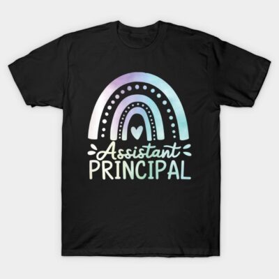 Black t-shirt with pastel rainbow and "Assistant Principal" text design, ideal for casual or school wear.
