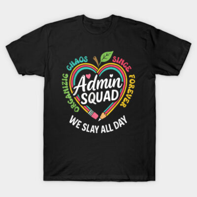 Black "Admin Squad" T-shirt with colorful text and heart design, perfect for office wear or casual outings.