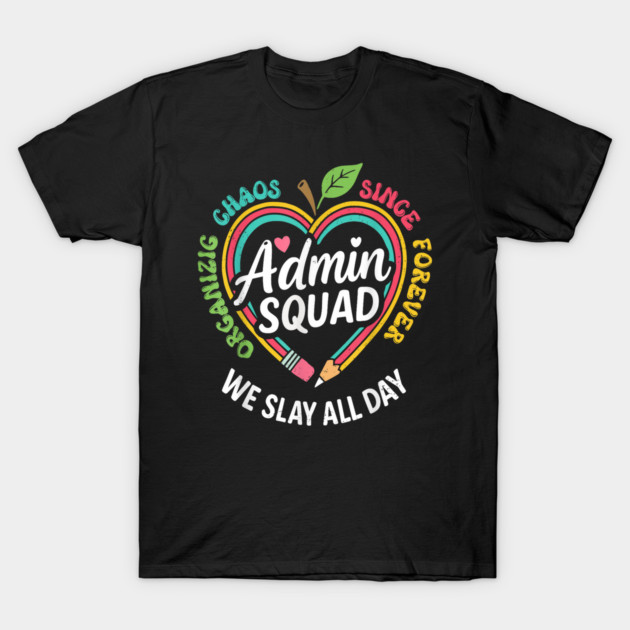 Black "Admin Squad" T-shirt with colorful text and heart design, perfect for office wear or casual outings.