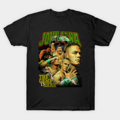 Black graphic T-shirt featuring bold wrestling-themed design, perfect for fans. Comfortable cotton material for casual wear.