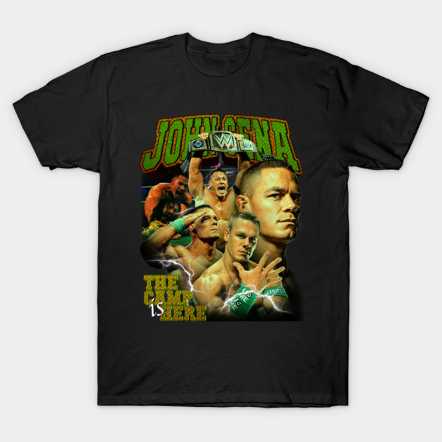 Black graphic T-shirt featuring bold wrestling-themed design, perfect for fans. Comfortable cotton material for casual wear.