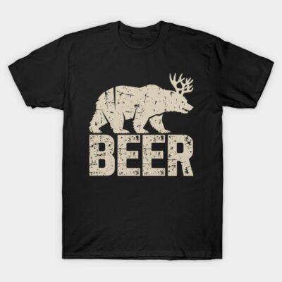 Black t-shirt with beige bear-antler graphic and "BEER" text, casual wear, cotton material, unisex design.