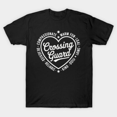 Black "Crossing Guard" t-shirt with heart design, featuring white text. Ideal for casual wear and gifting.