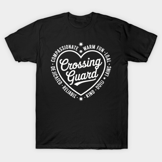 Black "Crossing Guard" t-shirt with heart design, featuring white text. Ideal for casual wear and gifting.