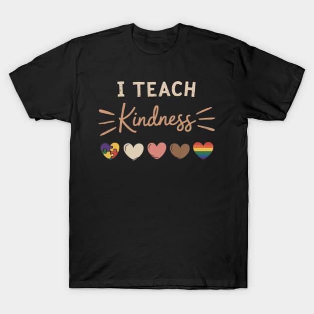 Black "I Teach Kindness" T-shirt with diverse heart symbols, ideal for educators, made of soft cotton material.