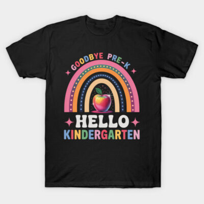 Black t-shirt with colorful "Goodbye Pre-K, Hello Kindergarten" rainbow and apple design, perfect for school transitions.