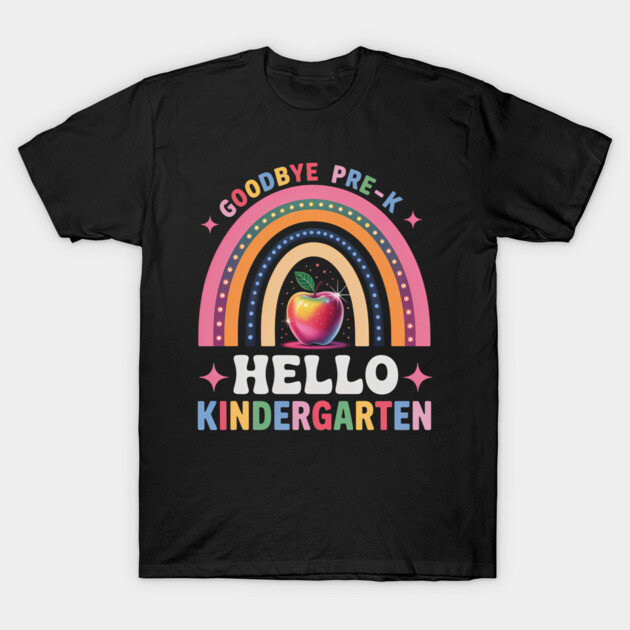 Black t-shirt with colorful "Goodbye Pre-K, Hello Kindergarten" rainbow and apple design, perfect for school transitions.