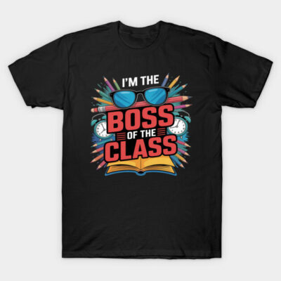 Black "Boss of the Class" graphic t-shirt with colorful school-themed design, ideal for casual wear or school events.