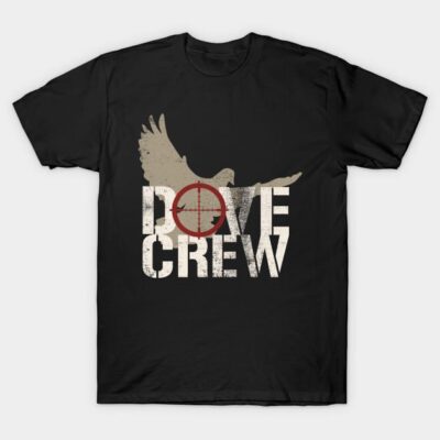 Black t-shirt with "Dove Crew" graphic, featuring a dove and target design. Casual wear, cotton material, unisex style.