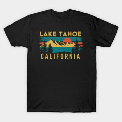 Black Lake Tahoe California graphic t-shirt, vintage mountain design, casual wear, 100% cotton.