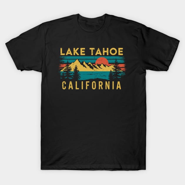 Black Lake Tahoe California graphic t-shirt, vintage mountain design, casual wear, 100% cotton.