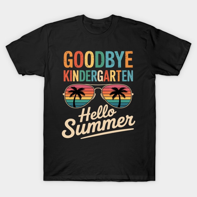 Black t-shirt with "Goodbye Kindergarten, Hello Summer" text and colorful sunglasses graphic.