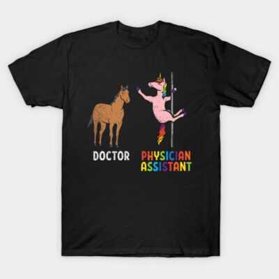 Black T-shirt with humorous horse and unicorn design, "Doctor" and "Physician Assistant" text, casual wear cotton fabric.