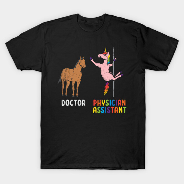 Black T-shirt with humorous horse and unicorn design, "Doctor" and "Physician Assistant" text, casual wear cotton fabric.