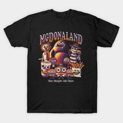 Black t-shirt with colorful McDonaland graphic print, featuring cartoon characters. Casual wear, soft cotton material.