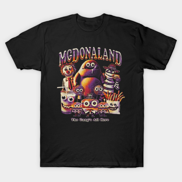 Black t-shirt with colorful McDonaland graphic print, featuring cartoon characters. Casual wear, soft cotton material.