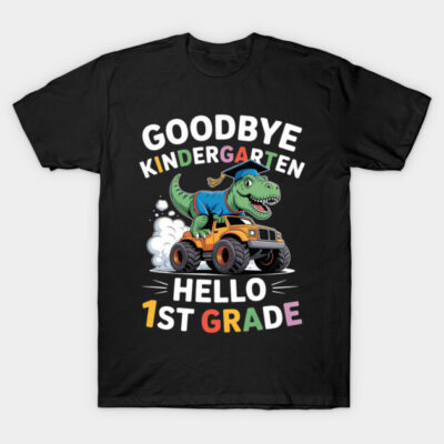 Black t-shirt with colorful "Goodbye Kindergarten Hello 1st Grade" dinosaur design, perfect for school transitions.
