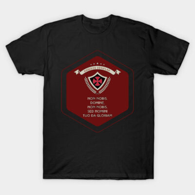 Black T-shirt with Knights Templar emblem, red and white design, featuring Latin motto, perfect for casual wear.