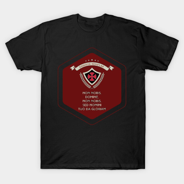 Black T-shirt with Knights Templar emblem, red and white design, featuring Latin motto, perfect for casual wear.