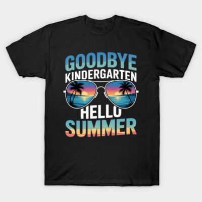 Black t-shirt with "Goodbye Kindergarten Hello Summer" text and tropical sunglasses graphic. Casual summer wear.