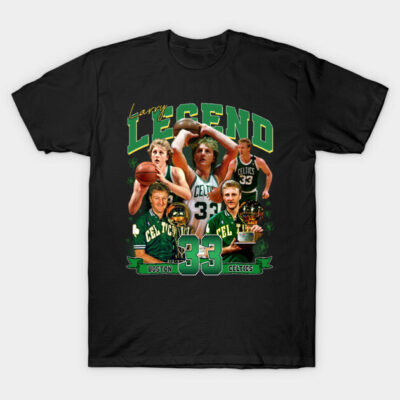 Black T-shirt with vintage basketball graphic, featuring green text and number 33, perfect for sports fans.