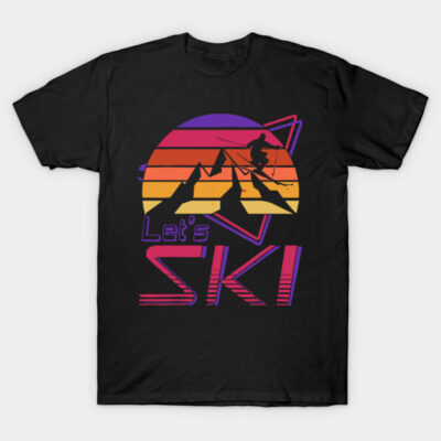 Black retro "Let's Ski" t-shirt with colorful sunset mountain design, perfect for ski enthusiasts and casual wear.