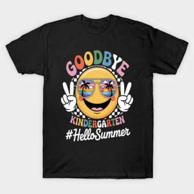 Black t-shirt with colorful "Goodbye Kindergarten Hello Summer" graphic, emoji design, casual summer wear.