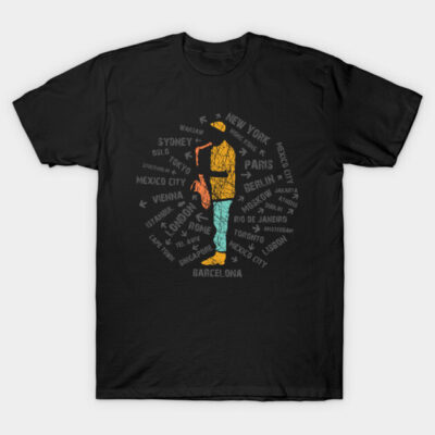 Black t-shirt with colorful saxophonist design, city names background, casual wear, 100% cotton, unisex style.