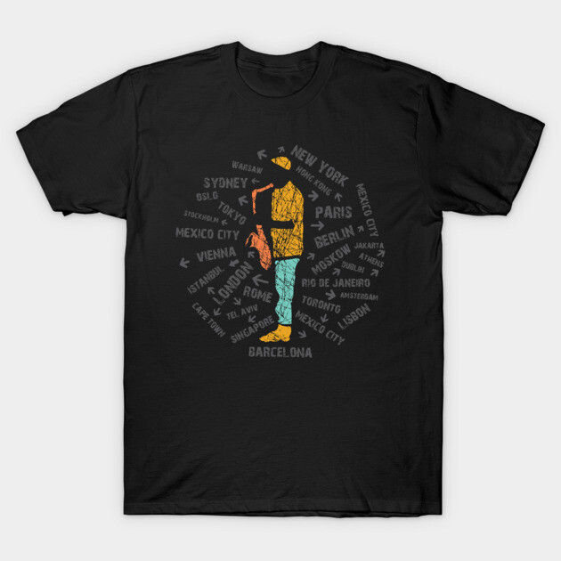 Black t-shirt with colorful saxophonist design, city names background, casual wear, 100% cotton, unisex style.