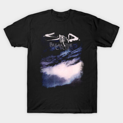 Black graphic T-shirt with abstract design and text, casual wear, cotton material, ideal for everyday use.