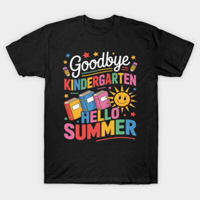 Black t-shirt with colorful "Goodbye Kindergarten Hello Summer" design, featuring books and a sun graphic.