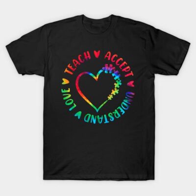 Black t-shirt with colorful heart puzzle design and "Teach, Accept, Understand, Love" text for casual wear.