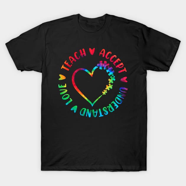 Black t-shirt with colorful heart puzzle design and "Teach, Accept, Understand, Love" text for casual wear.
