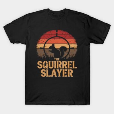 Black T-shirt with "The Squirrel Slayer" design, featuring vintage sunset and silhouette graphic, casual wear.